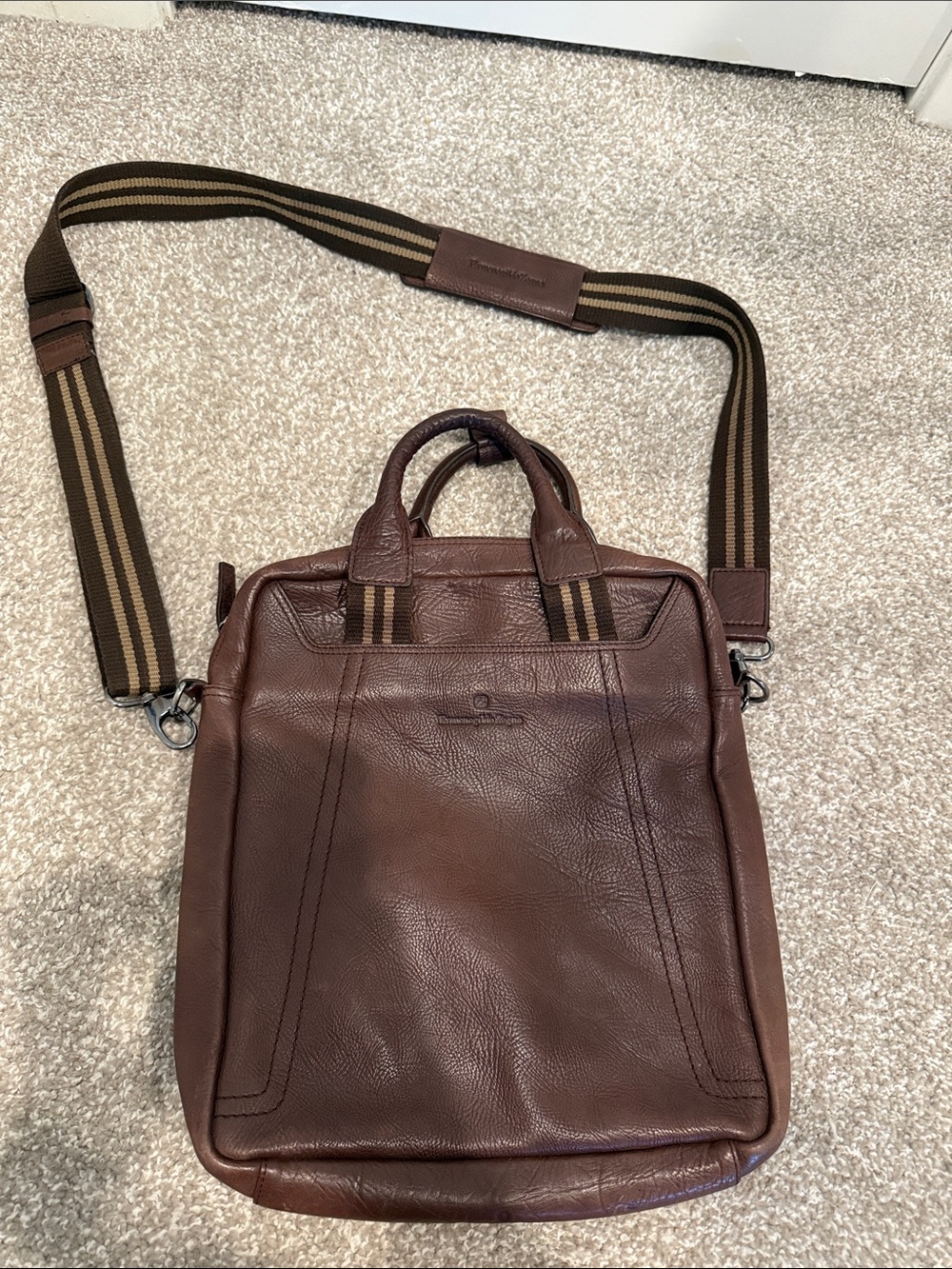 Ermenegildo Zegna Dark Brown Leather Bag with Striped Shoulder Strap